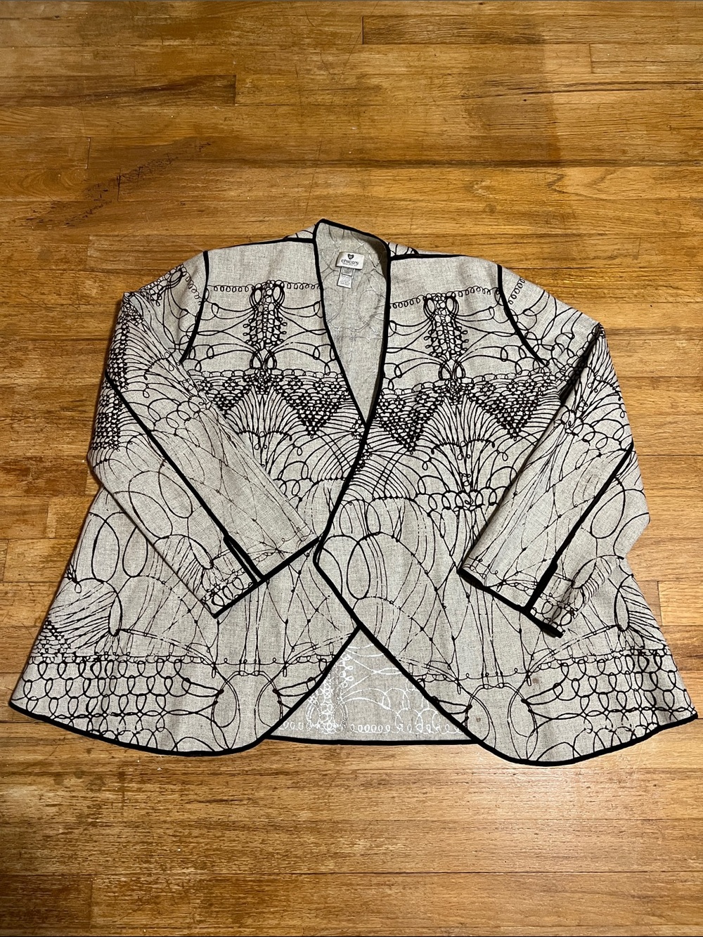 Chico's Gray Silver Brown Script Cascada‎ Reversible Open Jacket Wool Blend 2 L
